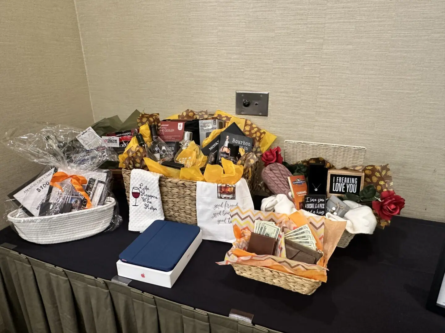Gift baskets on a table display.