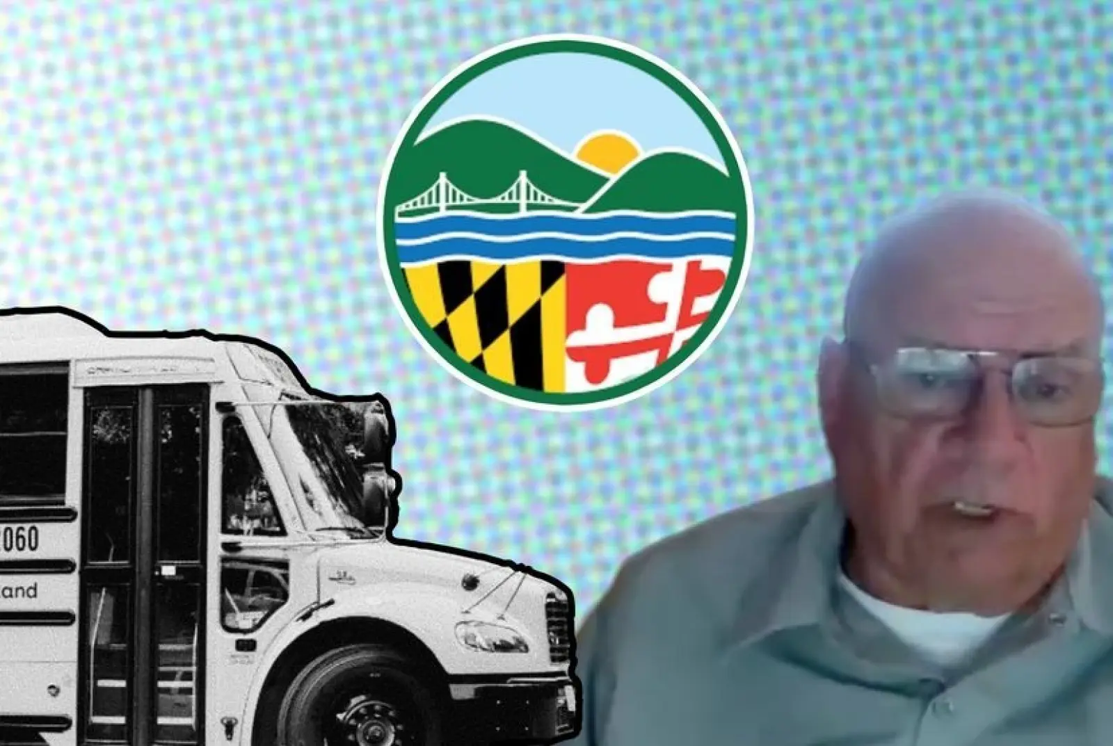 Man, logo, and school bus illustration.